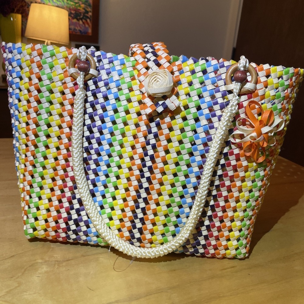 Mexican Artisan Handwoven Plastic Purse Hand Bag Tote Colored